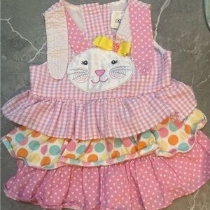 Pink Bunny Tiered Baby Dress with Polka Dot & Gingham